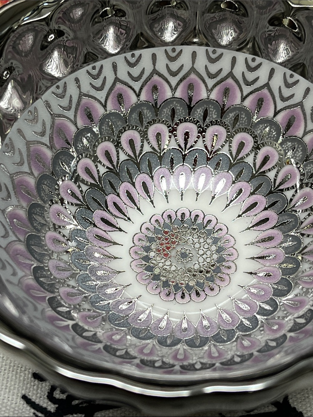 Decorative Glass Trinket Dish with Floral Mandala Design - Pink & Silver